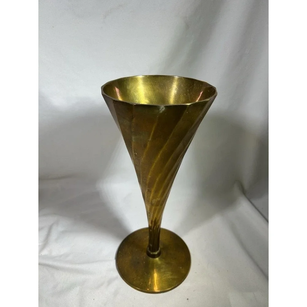 Vintage Large Twisted Vase Spiral Brass Ribbed Wine Goblet Cup 11.5
